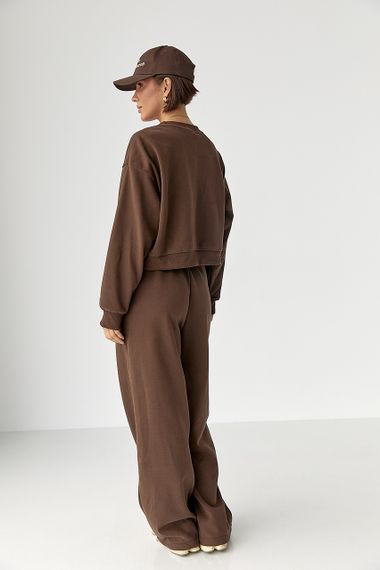 Спортивний костюм із плюшевим начісом з коротким світшотом та штанами палаццо - коричневий цвет, M/L (є розміри) | Зображення 1