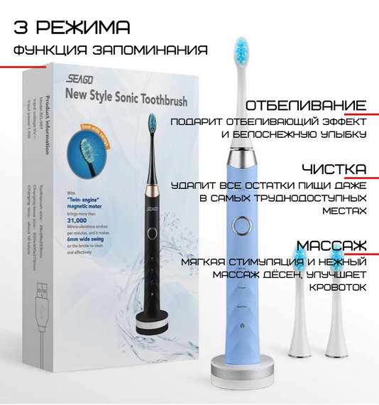 Зубная Щетка Электрическая Взрослая Звуковая Seago SG987 Голубая | Зображення 2