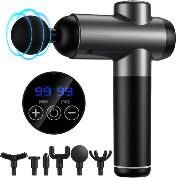 Перкусійний ручний масажер Massage Gun BDBKMG, м'язовий масажний пістолет, 99 режимів, 6 насадок, Чорний