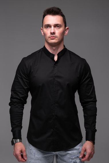 Мужская хлопковая рубашка с воротником стойка и длинным рукавом на пуговицах цвет черный, размер М  RA2392 | Зображення 1