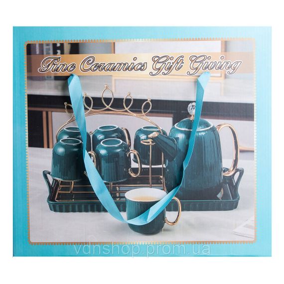 Чайний набір на 6 персон із заварювальним чайником та порцелянаовою підставкою Зелений HP-15-8 | Зображення 8