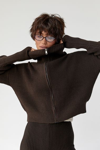 В'язаний короткий кардиган з довгим коміром - темно-коричневий цвет, ONE SIZE (є розміри) | Зображення 4