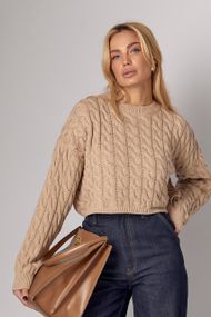 Укорочений в'язаний джемпер oversize з косичками - світло-коричневий цвет, ONE SIZE (є розміри)