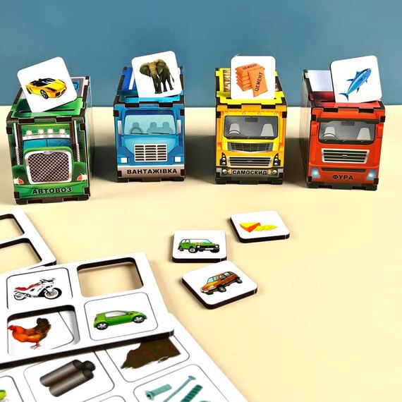 Деревянная настольная игра "Автопарк" Ubumblebees (ПСД082) PSD082 сортер-комодик | Зображення 2