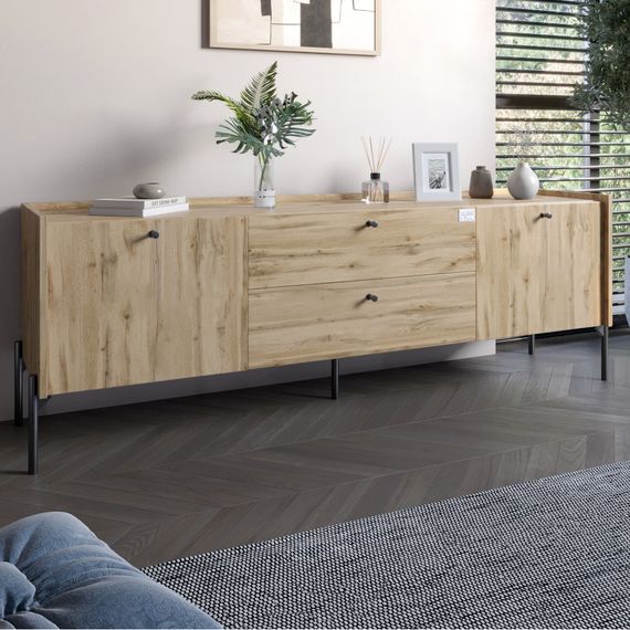 Тумба під телевізор з шухлядами LION Wood з чорними ніжками 180х50х40 см Дуб Аппалачі (LION-043126)