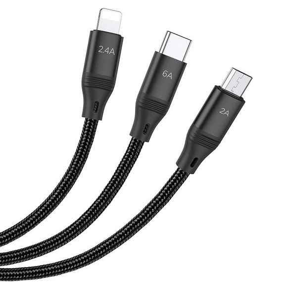 Дата кабель Hoco U104 Ultra 6A 3in1 Lightning -MicroUSB-Type-C (1.2m) | Зображення 2