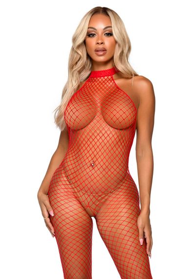 Еротичний сітчастий бодістокінг Leg Avenue Racer neck bodystocking Red