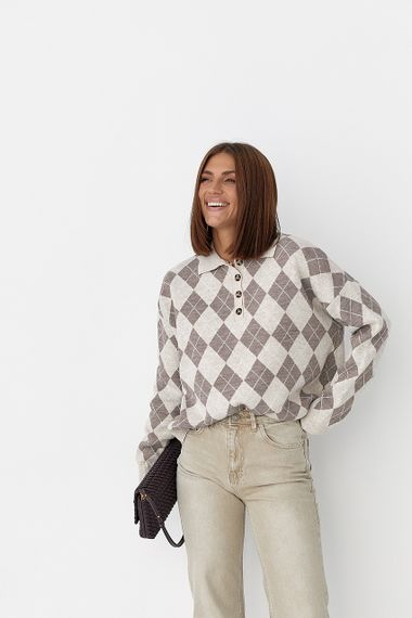 Вільний светр-поло з ромбами - бежевий цвет, ONE SIZE (є розміри)