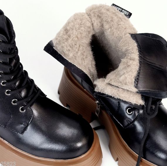 Молодіжні чорні шкіряні зимові черевики берці на масивній підошві карамель | Зображення 1