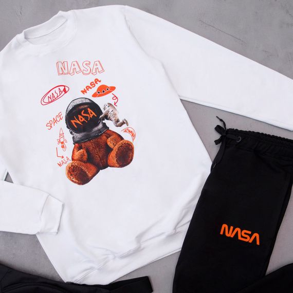 Мужской спортивный костюм худи + штаны с принтом Мишка Nasa OC1279 цвет белый размер L | Зображення 1