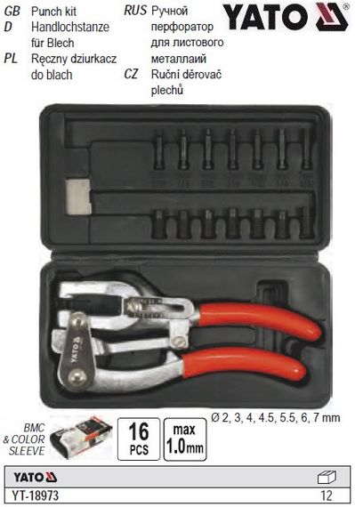 Набор клещи для прокалывания отверстий YATO Польша в листовом металле Ø=2-7 мм 16 штук YT-18973