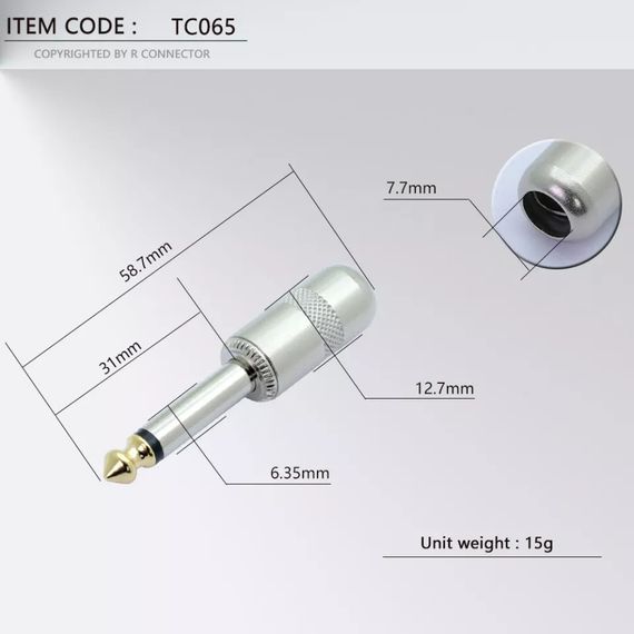 MONO джек прямий TC065 для інструментального кабелю кабель 1/4 6.35 мм мікрофона гітари електрогітари | Зображення 1