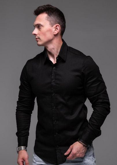 Мужская льняная рубашка с длинным рукавом на пуговицах цвет черный, размер XL  RA2389