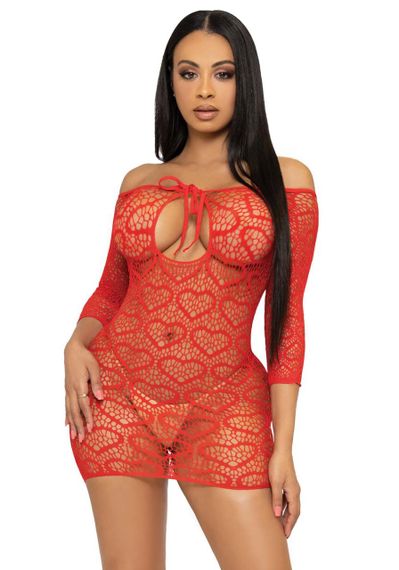 Платье-сетка с сердечками Leg Avenue Heart net mini dress Red, завязки, открытые плечи, one size sexstyle