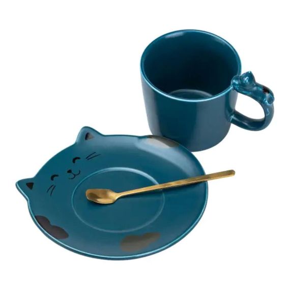 Чашка з блюдцем та ложкою порцелянова 250 мл Кошеня Синя HP7202BL | Зображення 1