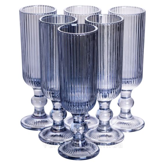 Бокал для шампанского фигурный прозрачный ребристый из толстого стекла набор 6 шт Голубой HP7116BL