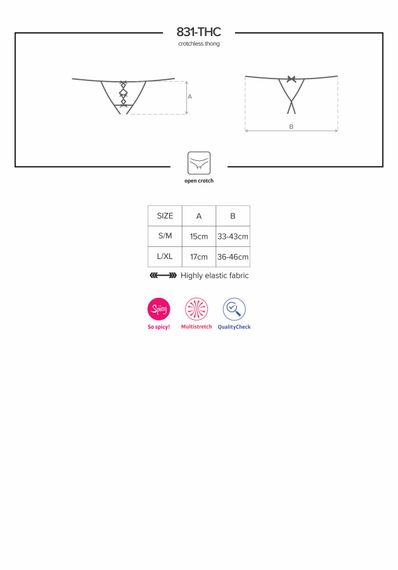 Мереживні танги з двома отворами Obsessive 831-THC-1 crotchless thong S/M, чорні, бантики | Зображення 6