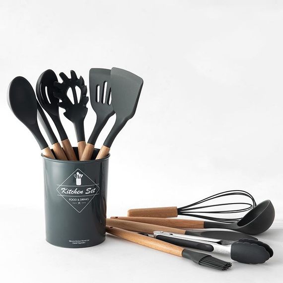 Набір кухонного приладдя із силікону та дерева 12 предметів Kitchen Set з підставкою Чорний | Зображення 1