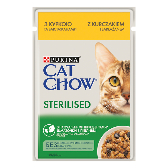 Вологий корм для дорослих котів Purina Cat Chow STERILISED ніжні шматочки в соусі з куркою та баклажанами. 85 г 85 г