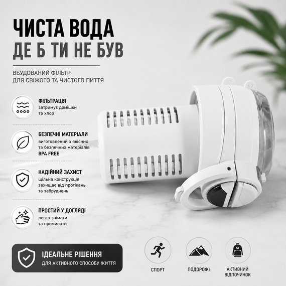 Спортивная эко-бутылка для воды 800 мл (BPA Free) с фильтром, соломинкой и ремешком Белая | Зображення 3