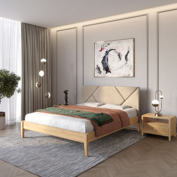 Двоспальне дерев&#039;яне ліжко Mebigrand Нью-Йорк ДК Горіх світлий/Аляска 23 (Бежевий) 140х190 см (MBG-10249)