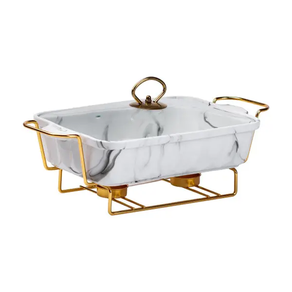 Мармитница настольная фарфоровая 1.5 литра мармит прямоугольный 35х19х11.5 см для вторых блюд Мрамор белый HP1029 | Зображення 2