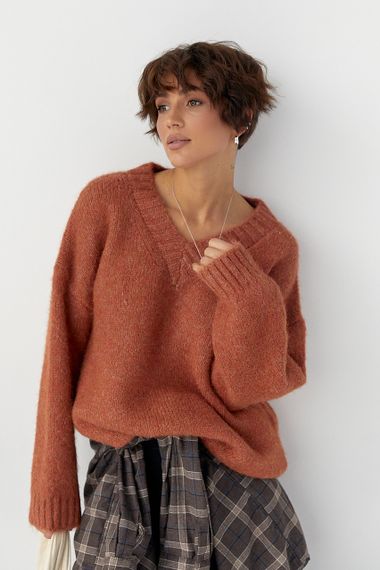 В'язаний пуловер у вільному фасоні - теракотовий цвет, ONE SIZE (є розміри)