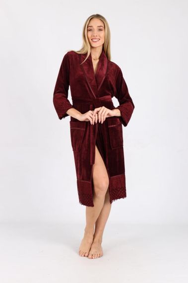Жіночий халат Nusa 0535 велюровий з мереживом бордовий 2XL | Зображення 1