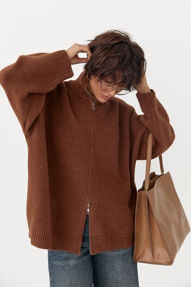 В'язаний кардиган оверсайз на блискавці - коричневий цвет, ONE SIZE (є розміри)