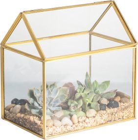 Скляний флораріум NCYP у формі будиночка з кришкою, золота рамка, 15.5×11×16 см, для сукулентів, мосаріум