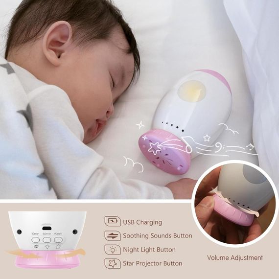 Ночник-проектор для детей с белым и колыбельным шумом, авто-таймер 30/60/90 мин, 8 песен, 6 звуков, розовый | Зображення 1
