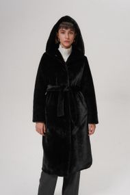 Эко-шуба Maxi с капюшона женская черная 110 см 2XL