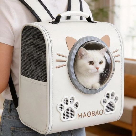 Рюкзак-переноска S-cat2 36×24×40 см білий • Рюкзак для котів S-cat2 з прозорим вікном, вентиляцією та декоративними вушками | Зображення 3