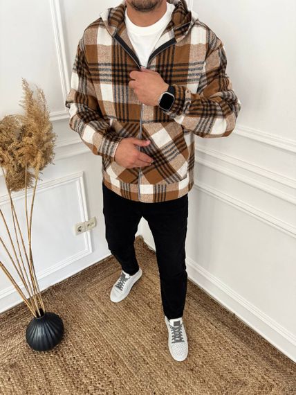 Тепла чоловіча байкова сорочка в клітку на блискавці з капюшоном розмір 44/46 колір коричневий adl1004 | Зображення 2