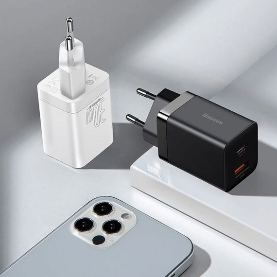 Мережевий зарядний пристрій Baseus Super Si Pro Quick Charger Type-C+USB 30W, Білий | Зображення 2