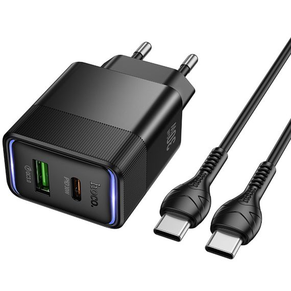 СЗУ Hoco CS112A Lounge PD30W+QC3.0 (1USB-A/1C) + кабель Type-C to Type-C Black | Зображення 4