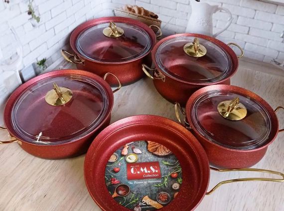 Набір посуду каструль преміум класу O.M.S. Collection 3045 з гранітним покриттям з кришками Червоний (Туреччина) | Зображення 2