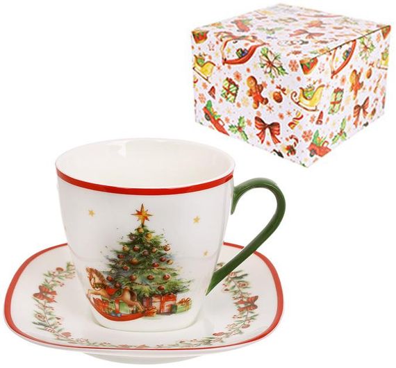 Чашка порцелянова з блюдцем "Різдвяна Ялинка" чайна пара 220мл | Зображення 1
