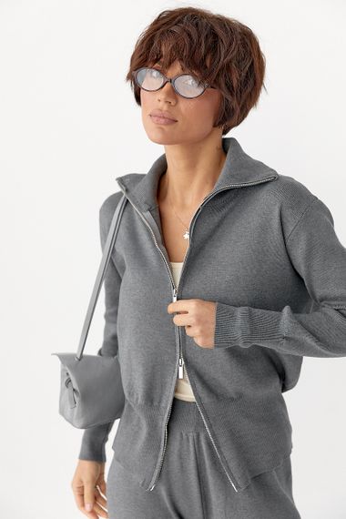 Трикотажний костюм із коротким кардиганом на блискавці та широкими штанами - сірий цвет, ONE SIZE (є розміри) | Зображення 2