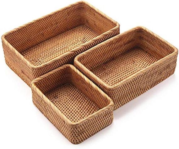 Корзины плетеные из натурального ротанга набор 3 шт, прямоугольные органайзеры для косметики, фруктов, мелочей