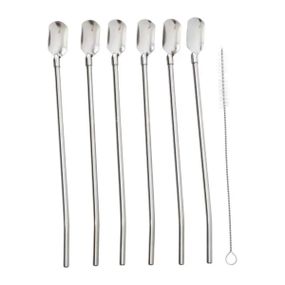 Набор многоразовых ложек-трубочек 6 шт для напитков 22  см с щеткой для мытья из нержавеющей стали Серый HP-20-19