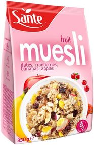 Сухі сніданки мюслі цілозернові фруктові Sante Muesli, 350 г, зі шматочками фруктів, кранчі