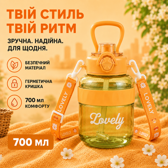 Бутылка для воды Lovely 700 мл с трубочкой и защитой от протечек, Оранжевая (BPA Free) | Зображення 4