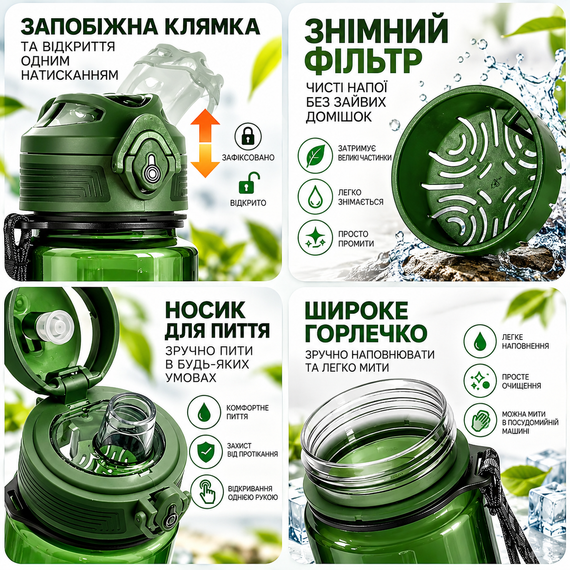 Пляшка для води KANGZYUAN 700 мл зелена спортивна з тритану Tritan без BPA ударостійка з герметичною кришкою | Зображення 2