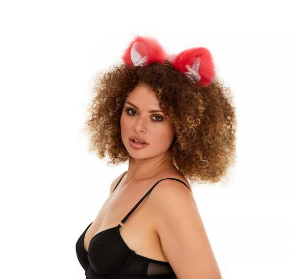 Меховые ушки кошки с бантиком, Ярко-розовые с белым OKOVA sexstyle | Зображення 2