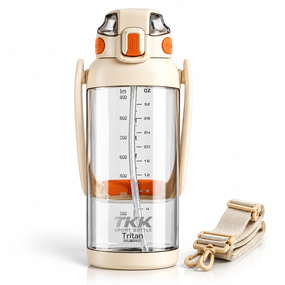 Бутылка для воды TKK 1400 мл белая спортивная из тритана BPA Free, ударопрочная, с трубочкой, ручкой и ремешком
