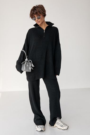 Вільний костюм в рубчик зі светром і прямими штанами - чорний цвет, ONE SIZE (є розміри) | Зображення 4