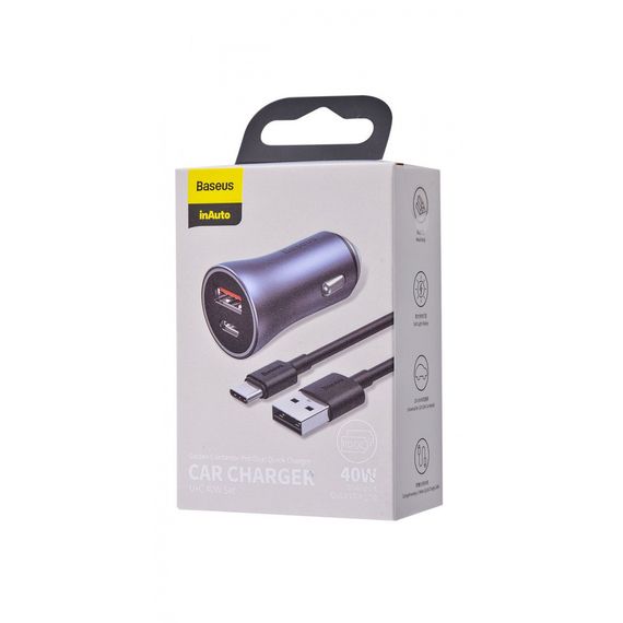 Автомобильная зарядка для телефона Baseus en Contactor Pro 40W USB + Type-C + Cable Type-C to Lightning (1m), Тёмно-серый | Зображення 7
