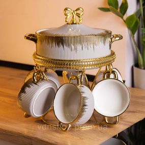 Суповий сервіз на 6 персон супниця 2 (л) на підставці з бульйонницями 400 (мл) тарілки для супу Сірий з золотом FM-A23-6