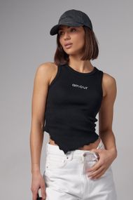 Женская майка в рубчик с асимметрией и надписью Amour - черный цвет, S (есть размеры)